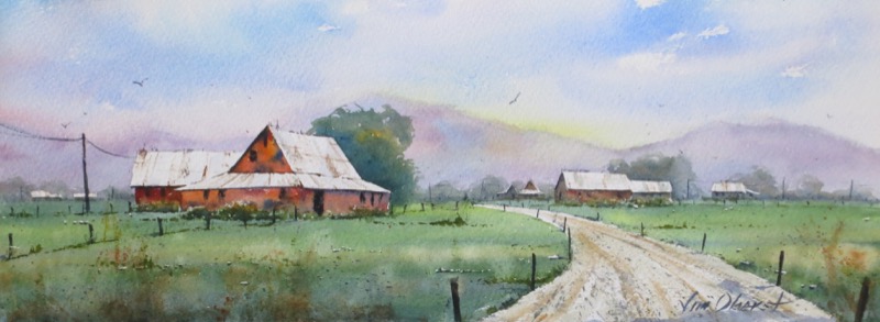 landscape, rural, hills, barn, farm, country, original watercolor painting, oberst